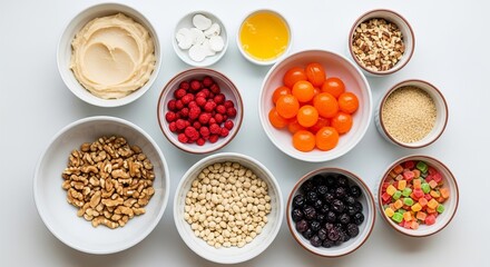 Flat lay of mooncake ingredients on white background ahead of Sturgeon Moon celebration with vibrant colors and textures