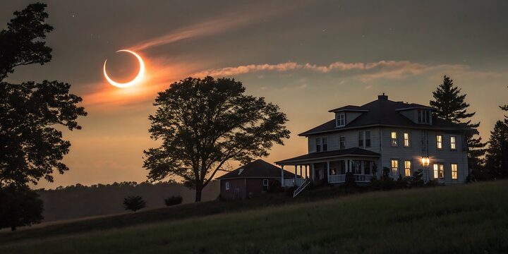 Solar eclipse house landscape sky nature astronomy dark light total eclipse celestial event beauty scene