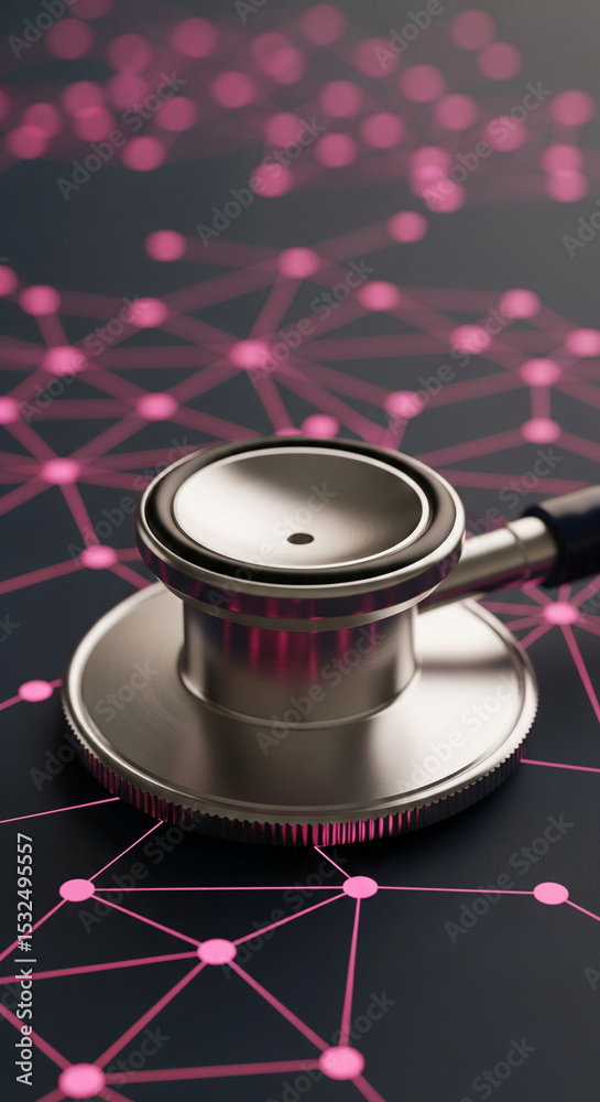 Poster close-up of metallic stethoscope on dark background with pink network pattern, symbolizing healthcar