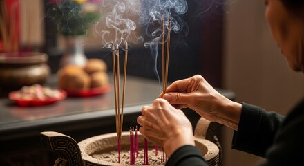 Lighting incense sticks for ancestor worship in a serene setting