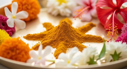 Close-up of turmeric and flowers arranged in decorative tray for Ganesha Chaturthi puja celebration