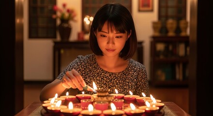 Young woman lighting oil lamps at home during Ghost Festival evening ritual