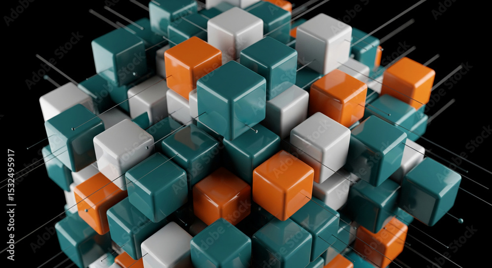 Poster Abstract 3D render of interconnected teal, white, and orange cubes, showcasing a complex network structure symbolizing connection, technology, or data flow