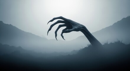 Scary monster hand emerges from foggy landscape. Alien creature arm with sharp claws. Dark monster, fantasy, creepy hand reaching for Halloween concept.