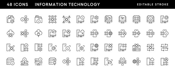 Information technology icon collection. Network icon set. Information system, data center, connection, computer network, web development and more. Editable stroke. Pixel Perfect. Grid base 32 x 32.