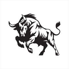 Raging bull silhouette vector. Powerful charging animal icon for sport mascot, financial logo, or strength symbol. Black graphic isolated on white