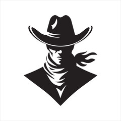 Cowboy head logo vector. Stylized western man in hat and bandana, black and white graphic icon for mascot, emblem, or American West theme