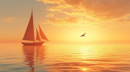 Fototapeta premium Tranquil Sailboat at Sunset Pixel Art on Calm Sea with Bird