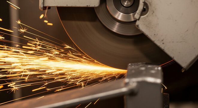 Close-up of a grinding wheel cutting metal, producing bright orange sparks, showcasing industrial manufacturing process, representing energy, precision and hard work