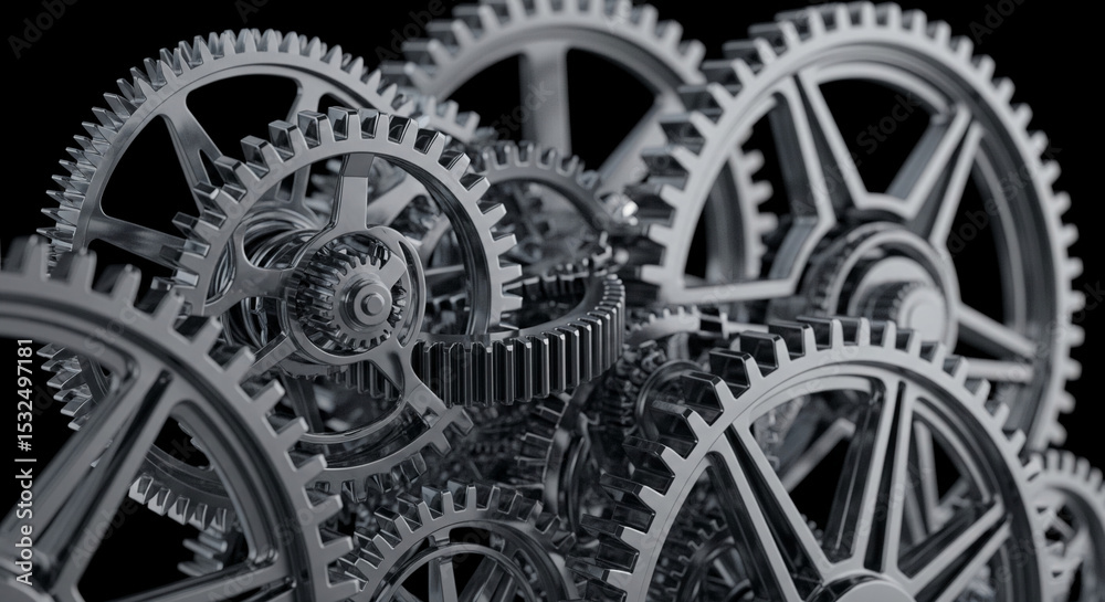 Poster close-up of interlocking metal gears, showcasing intricate design and precision engineering, symboli