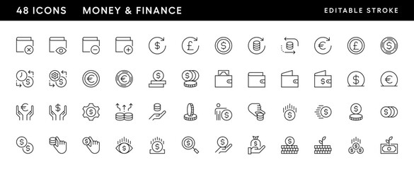 Money and finance icon collection. Bill, coin, deposit, earning, wallet, cash and more. Editable stroke. Pixel Perfect. Grid base 32 x 32.
