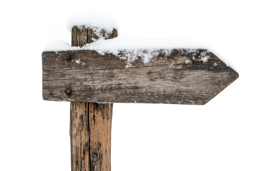 Snowy wooden arrow sign isolated on transparent background