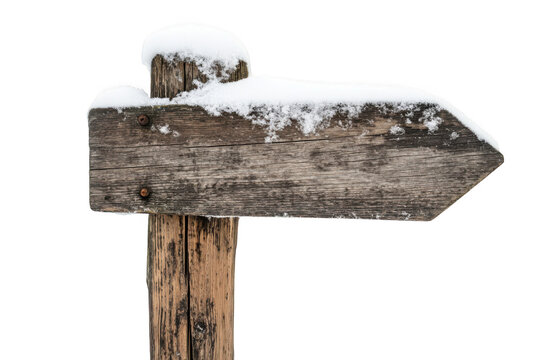 Snowy wooden arrow sign isolated on transparent background