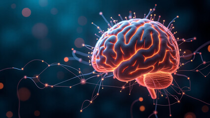 Fototapeta premium Human brain with neural network connections glows in the dark