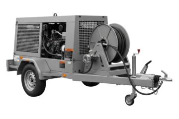 Industrial mobile diesel air compressor with hose reel and trailer hitch transparent PNG