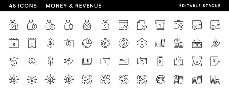 Revenue and money icon collection. Bill, coin, deposit, earning, cash and more. Editable stroke. Pixel Perfect. Grid base 32 x 32.