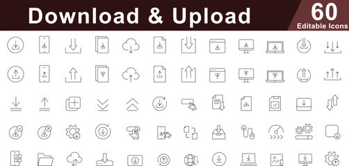 Download & Upload Line Icons Set - Data Transfer, Cloud Storage & File Sharing Symbols