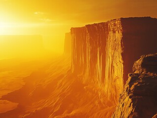 dramatic martian landscape with a steep cliff under a golden sky. The warm tones give it a surreal and almost otherworldly appearance.