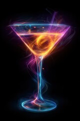a neon cocktail beautiful professional illustration, low angle shot, dinamic shot, evoking innovation, isolated, black background.