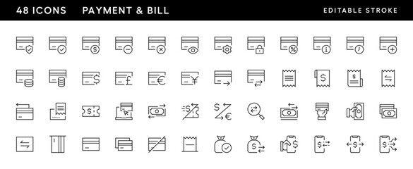 Payment and bill icon collection. Transaction icon set Online payment, money, transaction, exchange, wallet, money bag and more. Editable stroke. Pixel Perfect. Grid base 32 x 32.