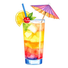 A vibrant watercolor illustration of a layered tropical cocktail, garnished with an orange slice, cherry, mint, and a paper umbrella, perfect for summer.