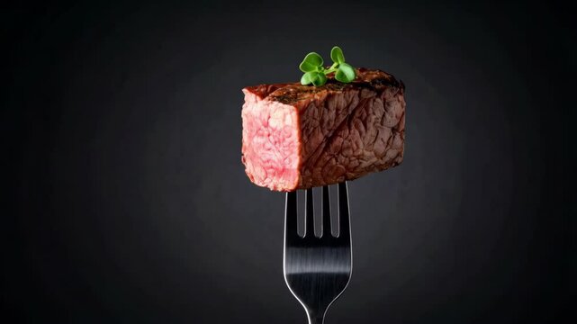 Rare steak piece with visible grill marks impaled on a fork against a dark background with a small garnish of herbs as a visual.