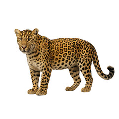 Fototapeta premium A full body shot of a leopard standing, showcasing its distinctive spotted fur and powerful physique. Ideal for designs related to wildlife, nature, or conservation.