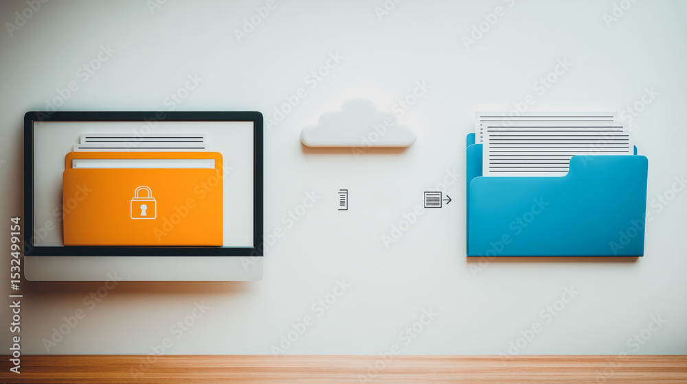 Poster data security and cloud storage: digital documents, securely locked within a file icon, seamlessly t