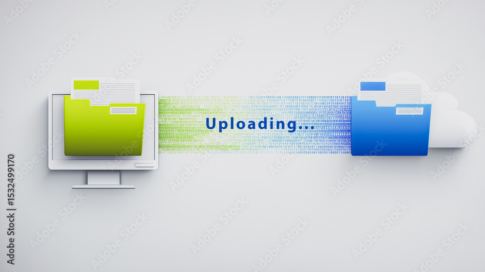 Poster file transfer in progress: a vibrant illustration depicts the seamless transfer of data files from a