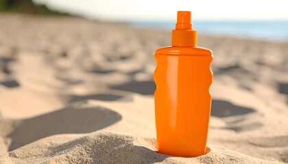 Orange sunscreen bottle on sand