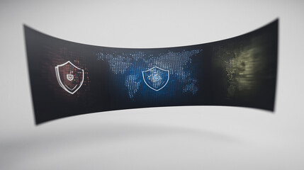 Cybersecurity and Global Protection: A sophisticated digital artwork showcases shields, symbols of security, protecting against the potential threats in the digital realm.