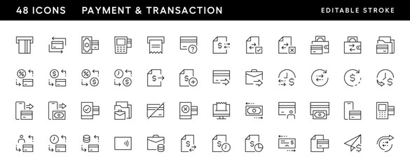 Payment icon collection. Transaction icon set Online payment, money, transaction, exchange, wallet, money bag and more. Editable stroke. Pixel Perfect. Grid base 32 x 32.