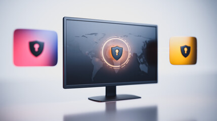Cybersecurity Sentinel: A sleek monitor displays a digital shield, flanked by two stylized icons, symbolizing robust protection and secure data transfer.