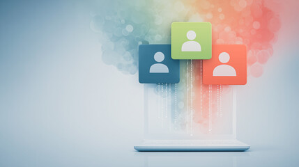 Networking Icon: A digital artwork visualizing interconnectedness. Icons of people are floating from a laptop screen with a spectrum of vibrant colors.