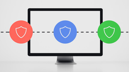 Digital Shield: Three colorful shield icons – red, blue, and green – flank a modern monitor, symbolizing the protection of data and information against potential threats.