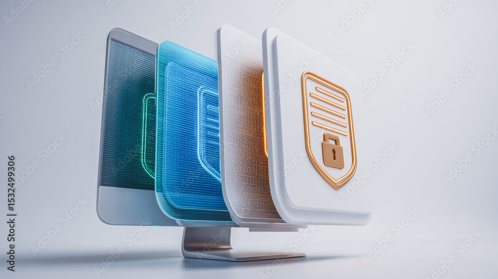 Poster data protection abstract: an innovative 3d rendering showcasing digital document security, symbolizi