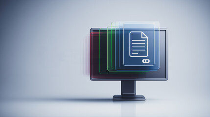 Digital Document Stack: A sleek computer monitor showcases a digital document stack, symbolizing seamless information flow, data storage, and connectivity within the modern technological landscape.