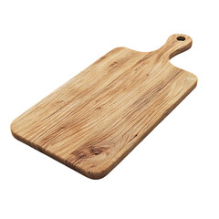 Close up isolated wooden cutting board with handle on black background for food preparation