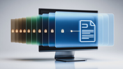 Data Security Layers: Visualize the complex world of data security with this image, showing layers of digital information protection. Featuring a computer monitor.
