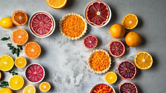 Vibrant citrus rotation: fresh oranges and grapefruits creating a dynamic spiral pattern