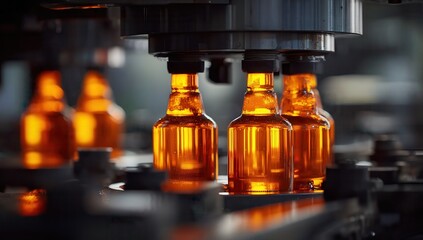 A close-up of the machine that forms glass bottles for liquid products, with orange light illuminating from inside its body and dark gray metal parts on top. The background is.