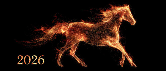 2026 year of fire horse; creature silhouette & text illustration over black background
