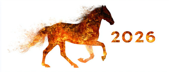 2026 fire horse silhouette illustration over white background