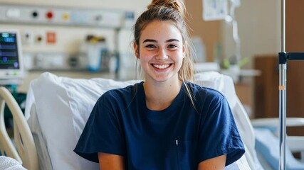Cheerful patient in hospital room expressing joy and positivity during recovery