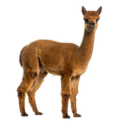Fototapeta premium Portrait of a charming brown alpaca standing gracefully, posing for the camera on transparent background