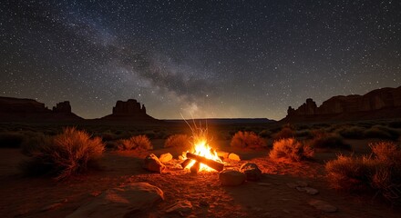 Campfire Under the Milky Way in Monument Valley at Night