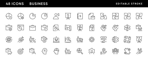 Business icon collection. Finance icon set. Growth, time management, strategy, focus, success, jigsaw, progress, teamwork and more. Editable stroke. Pixel Perfect. Grid base 32 x 32.