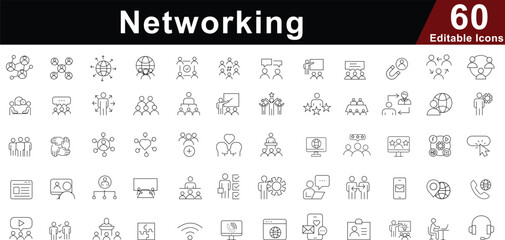 Networking Line Icons Set - Connection, Communication, Teamwork & Global Network Symbols