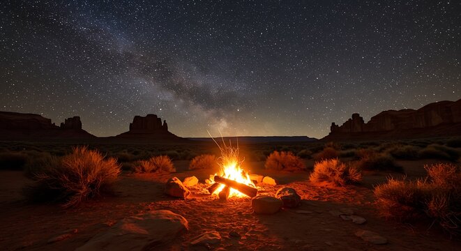 Campfire Under the Milky Way in Monument Valley at Night