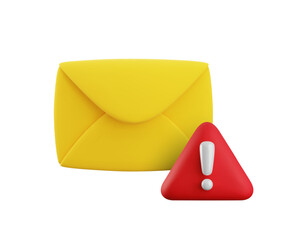 Vector cartoon 3d email error icon. Realistic 3d render of yellow envelope with red triangle exclamation mark. Spam warning mail sign, important information notification, alert mail system concept.